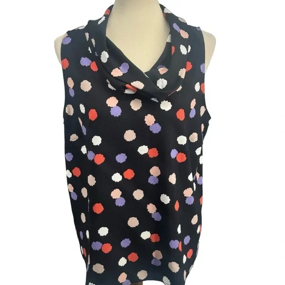 Black cowl neck polka dot sleeveless blouse. - Picture 1 of 7